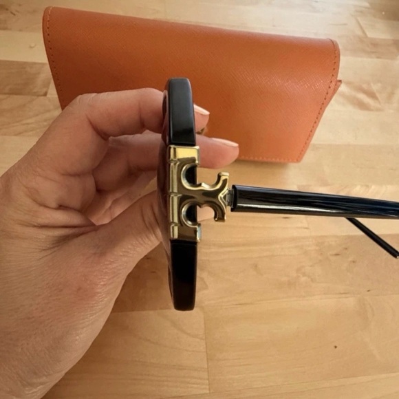 Tory Burch Black Oversized Hexagonal Sunglasses with Gold Accents - Picture 3 of 7